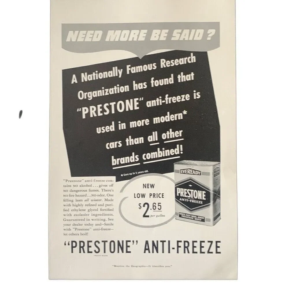 Vintage 1939 Prestone Anti Freeze Need More Be Said Ad Advertisement